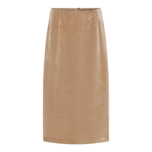 Beige vakosamettihame, polvipituinen ja elegantti suoralinjainen malli arkeen ja juhlaan.