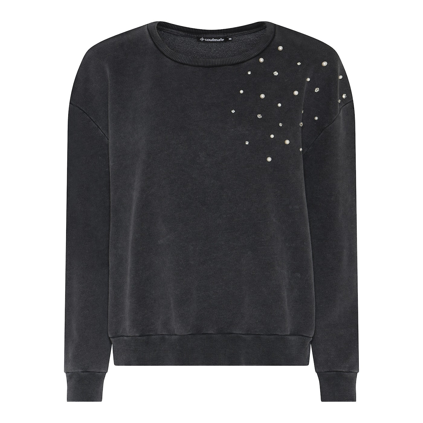 Robello collegepaita helmikoristeilla, tyylikäs puuvillainen naisten paita helmiyksityiskohdilla hartiassa.