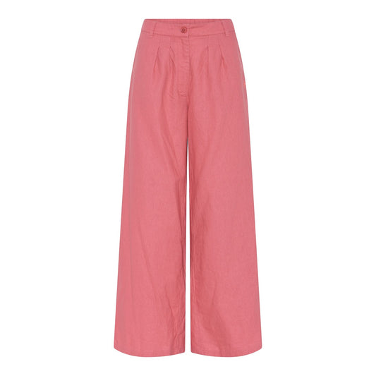 Rosalia 2 leveälahkeiset housut, pellava-puuvilla, nappi ja vetoketju, ilmava ja tyylikäs malli naisille