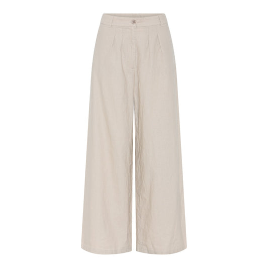 Rosalia 2 leveälahkeiset housut, pellava-puuvilla, nappi ja vetoketju, ilmava ja tyylikäs malli naisille