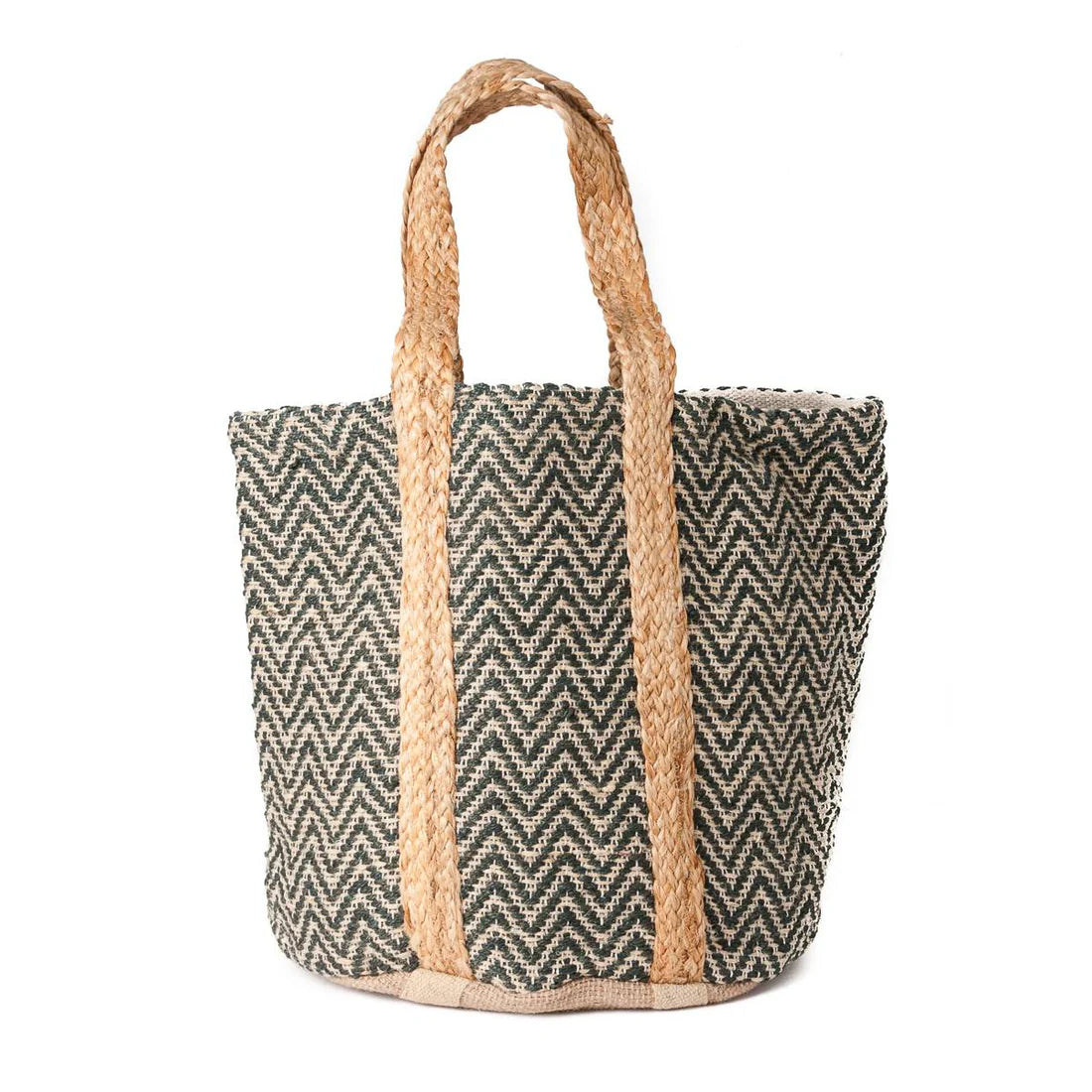 Rosenvinge vihreäkuvioinen juuttikassi - shopper laukku - suuri ja pyöreäpohjainen.