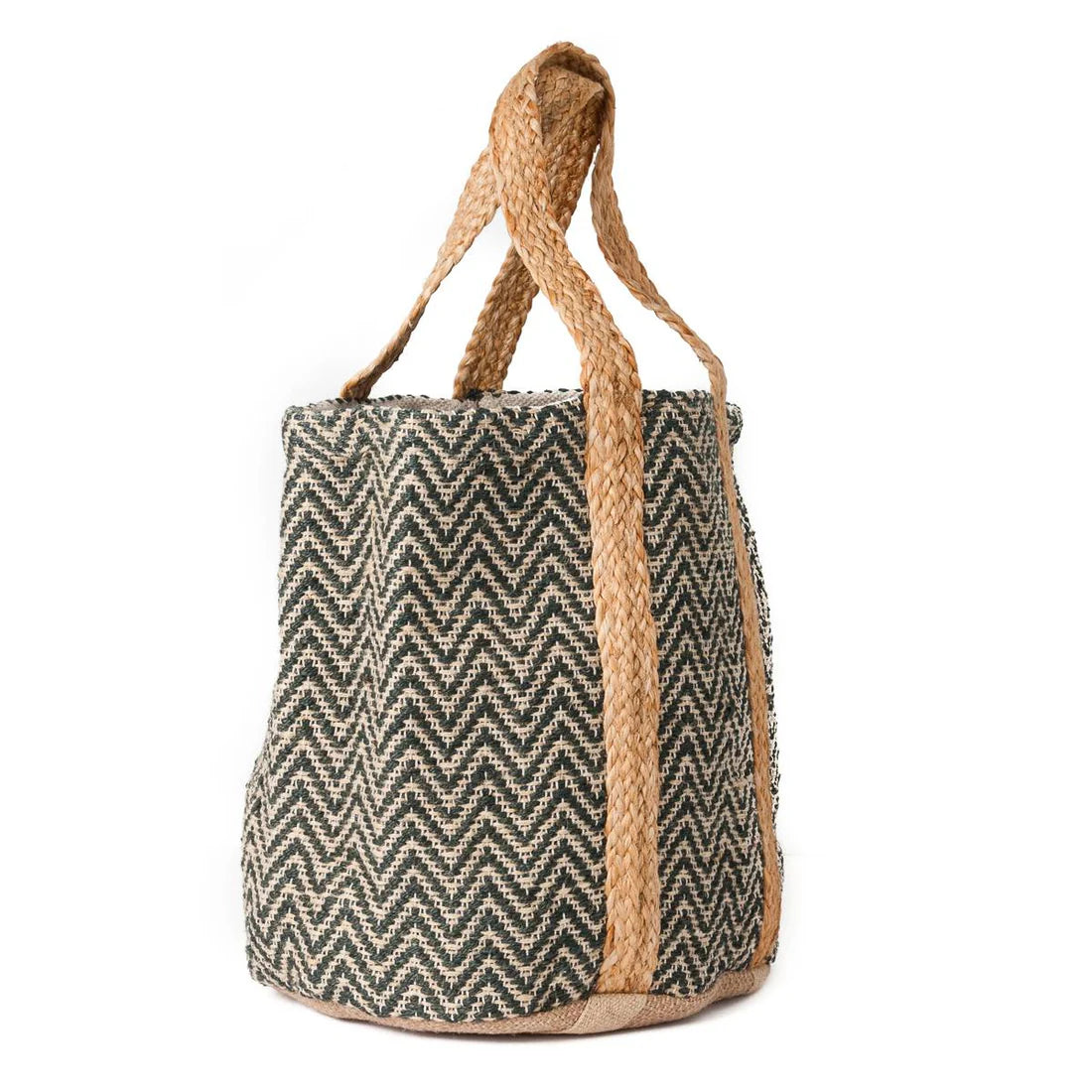 Rosenvinge vihreäkuvioinen juuttikassi - shopper laukku - suuri ja pyöreäpohjainen.