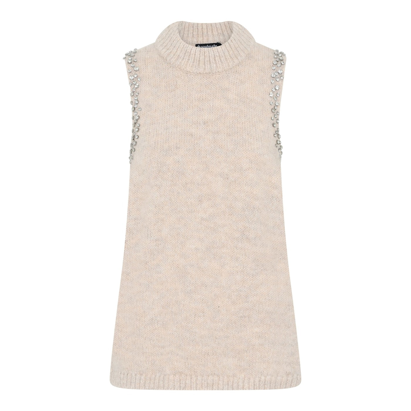 Smile hihaton neulostoppi koristeellisilla kivillä. Elegantti juhlatoppi pyöreällä pääntiellä.