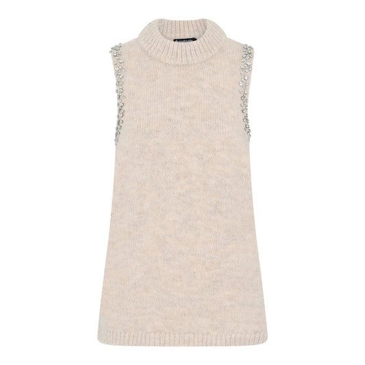 Smile hihaton neulostoppi koristeellisilla kivillä. Elegantti juhlatoppi pyöreällä pääntiellä.