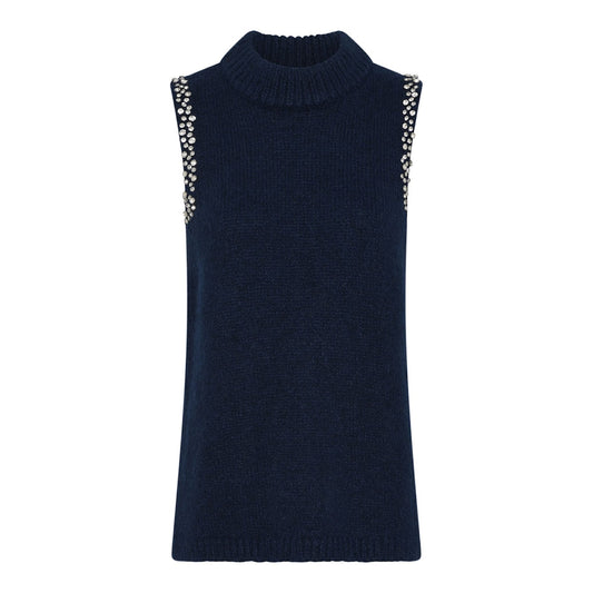 Smile hihaton neulostoppi koristeellisilla kivillä. Elegantti juhlatoppi pyöreällä pääntiellä.