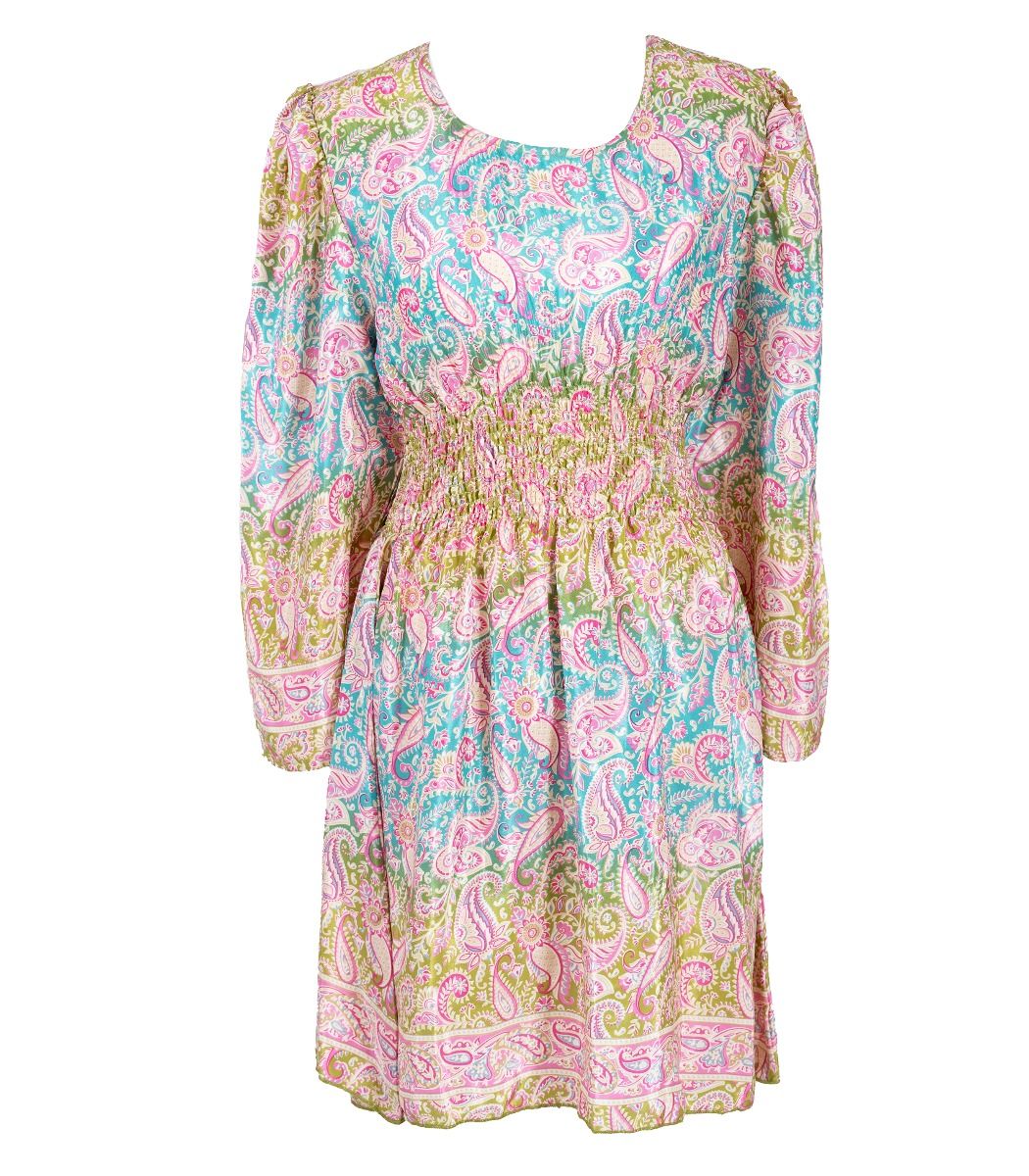 Paisley-mekko naisille, värikäs kuosi, smock-vyötärö, pitkähihainen mekko, one size, kevyt polyesteri