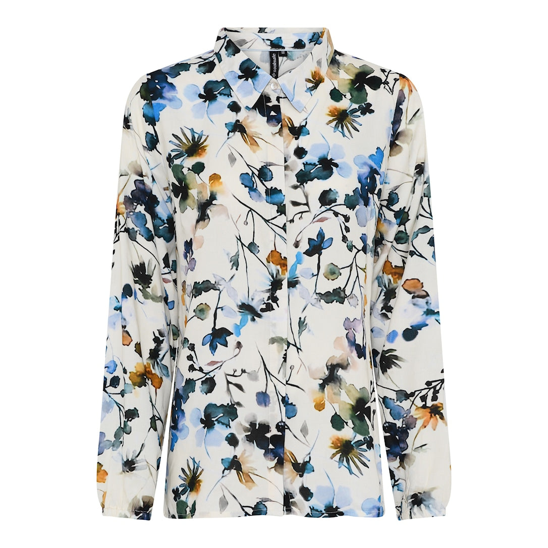 Raikas kukkaprinttipaita Soulmatelta – ecru, piilotettu nappilista, kaulus ja resorireunukset hihoissa