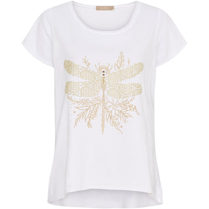 Naisten Marie T-paita, 100 % puuvillaa, lyhyet hihat ja kullanvärinen sudenkorentoprintti edessä.