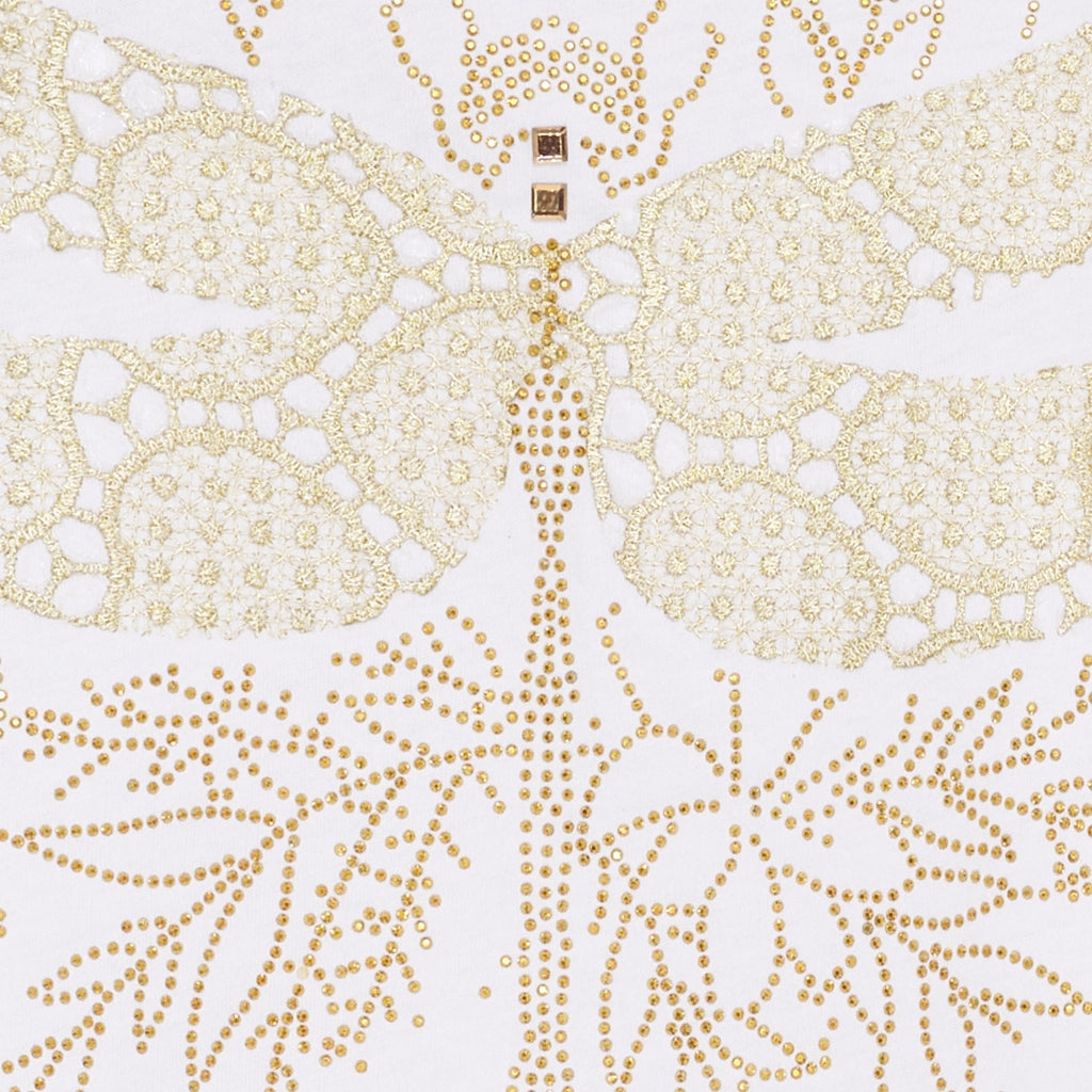 Naisten Marie T-paita, 100 % puuvillaa, lyhyet hihat ja kullanvärinen sudenkorentoprintti edessä.