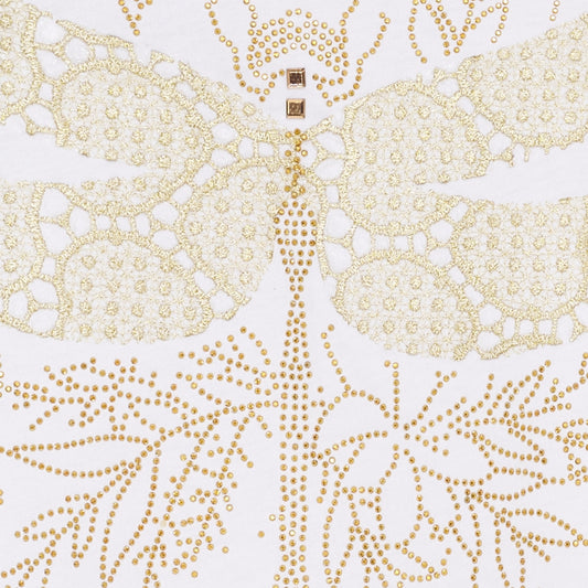 Naisten Marie T-paita, 100 % puuvillaa, lyhyet hihat ja kullanvärinen sudenkorentoprintti edessä.