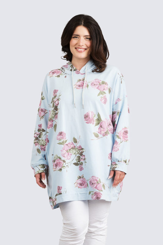 Tamara collegehuppari ruusuprintillä, naisten huppari, 100 % puuvilla, yhden koon malli kokoon 48 saakka