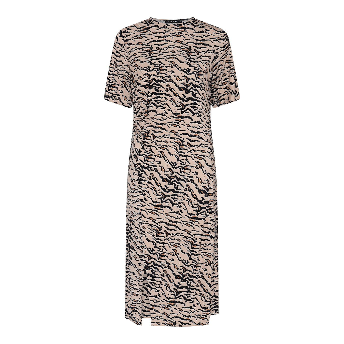 Eläinkuviollinen maksimekko beige-mustalla kuosilla, lyhythihainen ja rento kesämekko