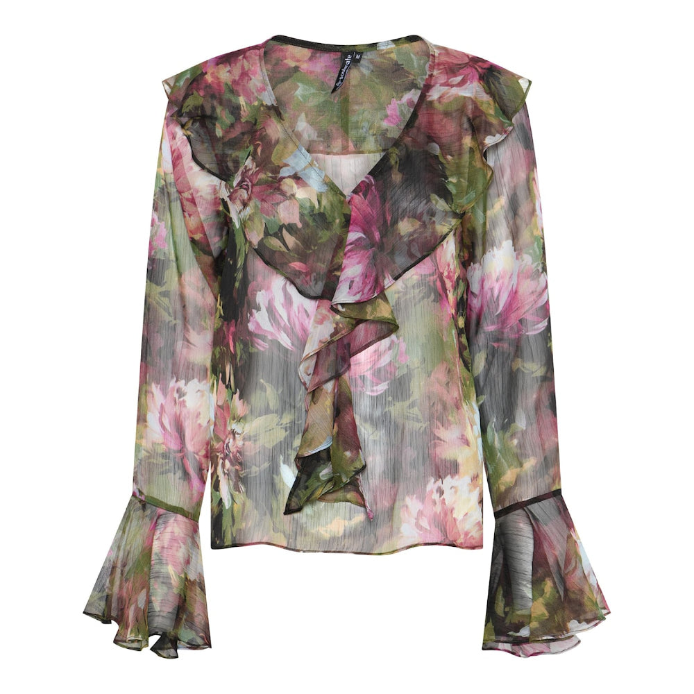 Tiggy 1 kevyt ja boheemi kukkapaita naisellisilla hihoilla – läpikuultava retrohenkinen paita arkeen ja juhlaan.