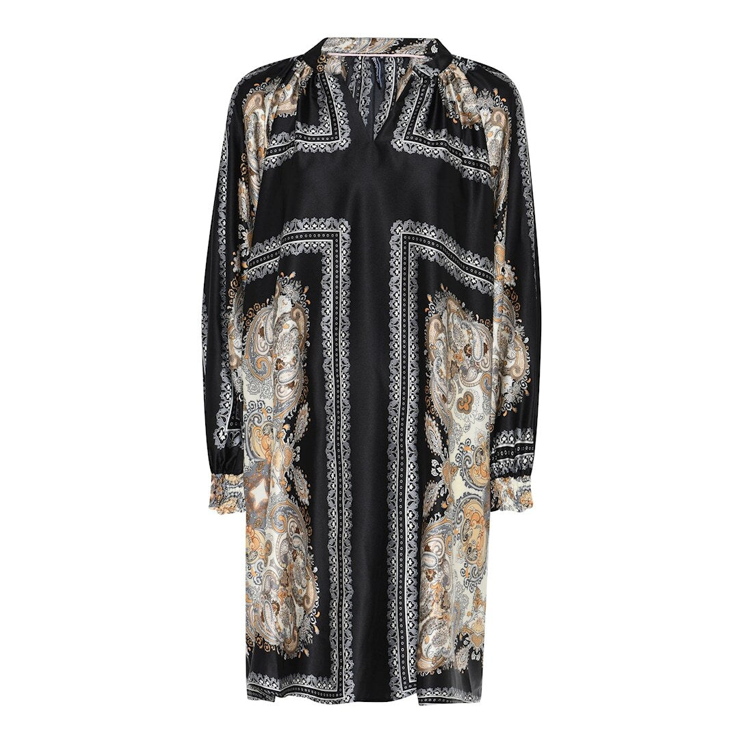 Universe 1 -mekko Soulmate – musta satiinimekko etnisellä kuosilla ja V-pääntiellä