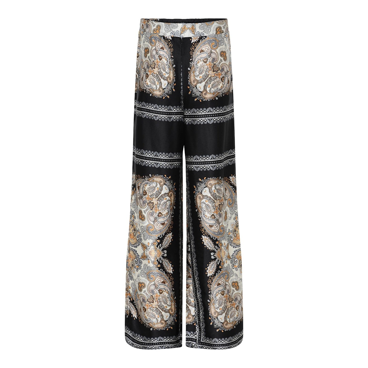 Universe 2 housut Soulmate, mustat leveälahkeiset satiinihousut ylellisellä kuosilla – elegantit ja mukavat housut juhlaan ja arkeen.