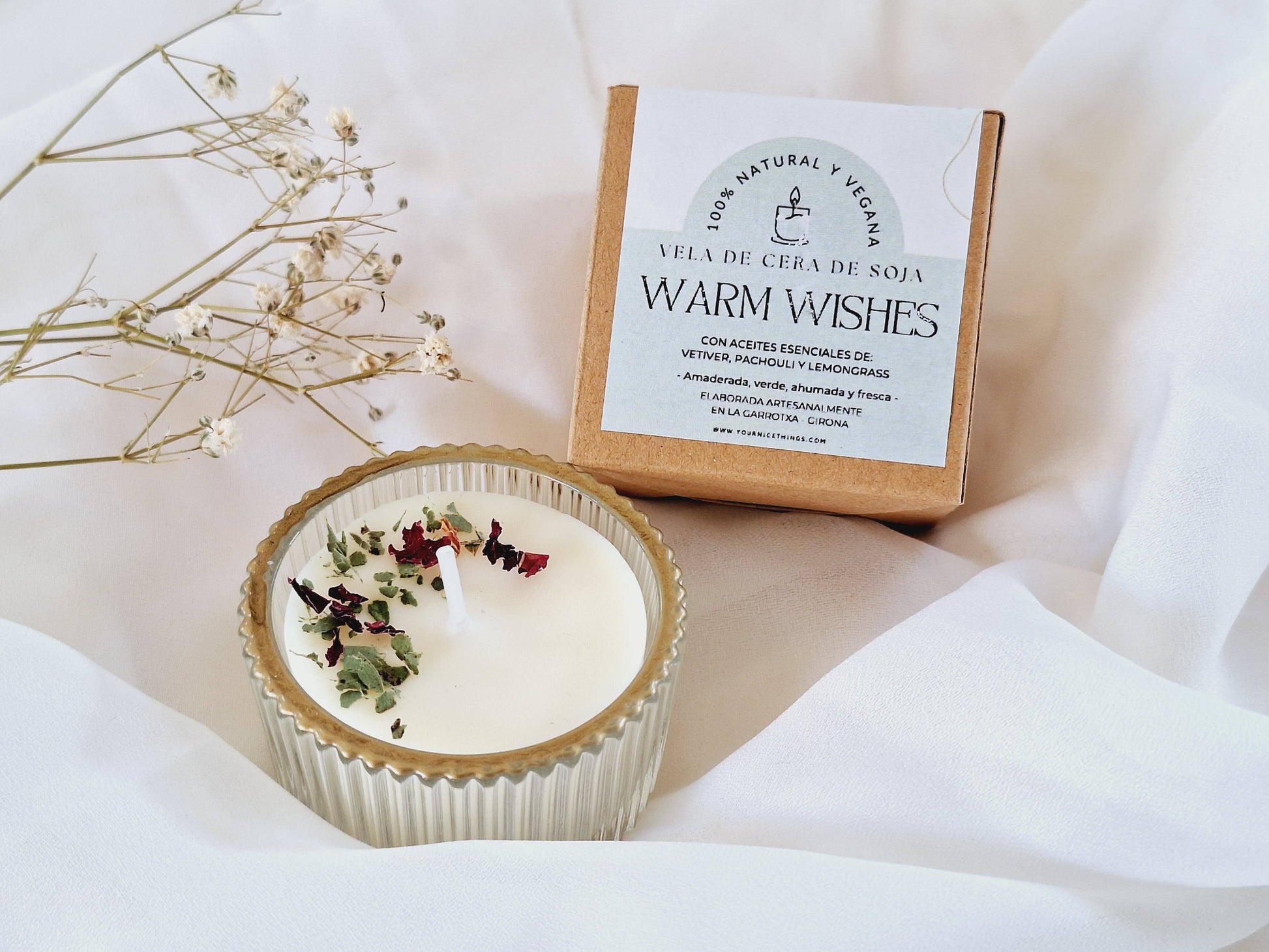 Käsintehty soijavaha joulukynttilä lasipurkissa, vetiveri–patchouli–sitruunaruoho-tuoksu, puuvillasydän