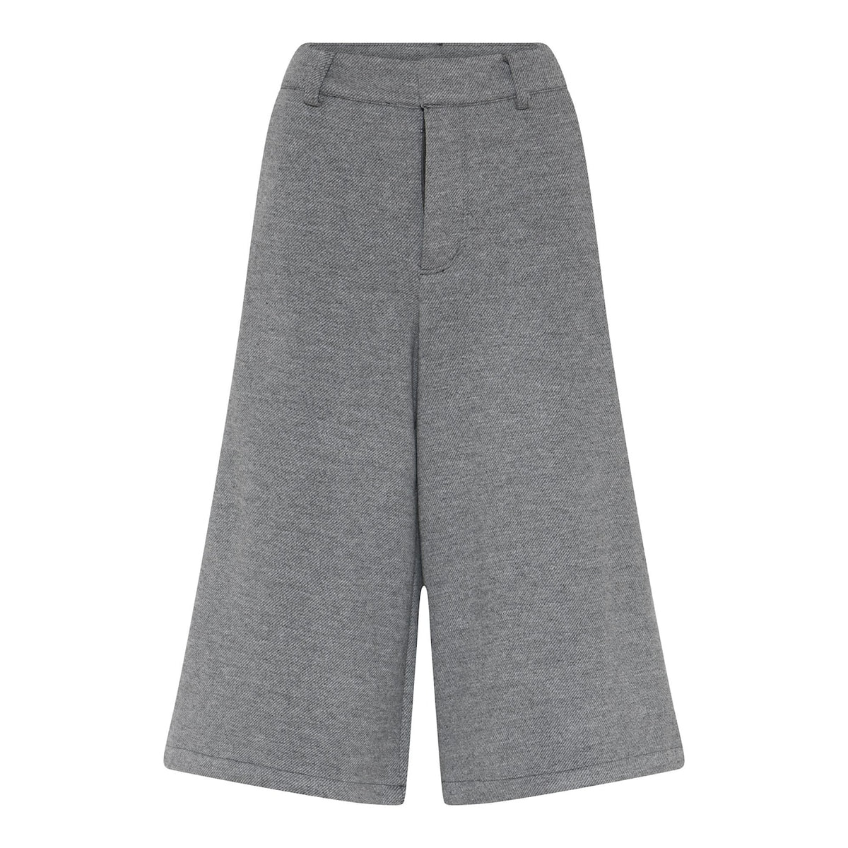 Harmaat culottes-housut korkealla vyötäröllä ja leveillä vajaamittaisilla lahkeilla