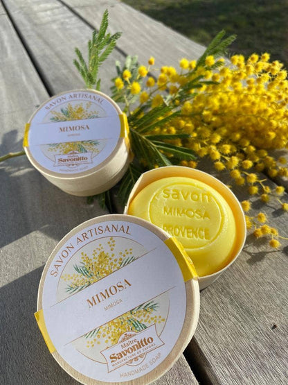 Ylellinen Mimosa-saippua puurasissa, luonnollinen käsintehty saippua manteliöljyllä, 100 g