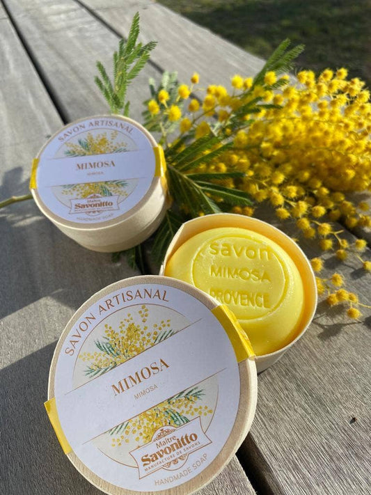 Ylellinen Mimosa-saippua puurasissa, luonnollinen käsintehty saippua manteliöljyllä, 100 g