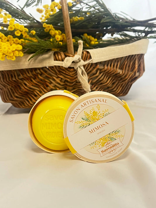 Ylellinen Mimosa-saippua puurasissa, luonnollinen käsintehty saippua manteliöljyllä, 100 g