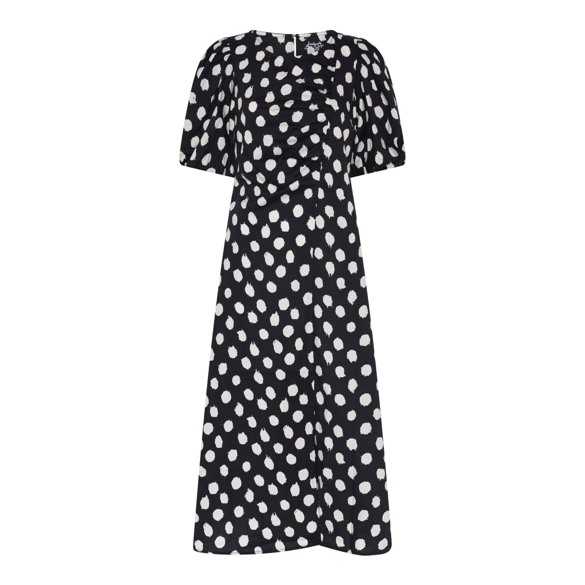 Camelia 1 -puuvillamekko pallokuosilla, puolipitkillä hihoilla ja edessä rypytysdetaljilla.