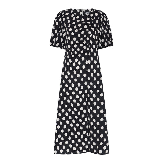 Camelia 1 -puuvillamekko pallokuosilla, puolipitkillä hihoilla ja edessä rypytysdetaljilla.