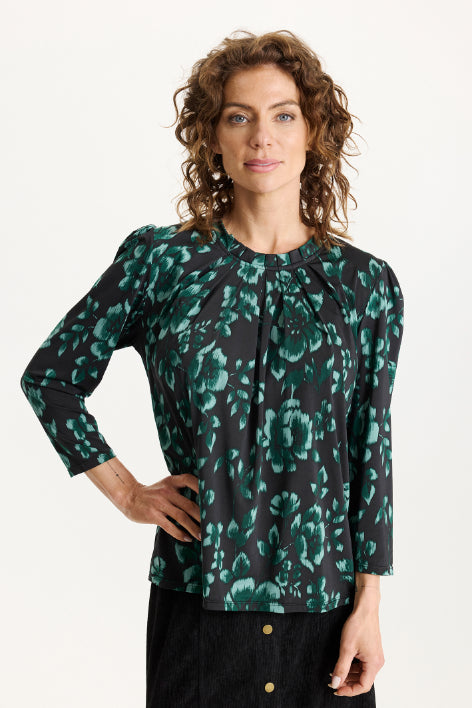 Grazia-paita iN FRONT – musta paita vedenvihreällä kukkakuosilla