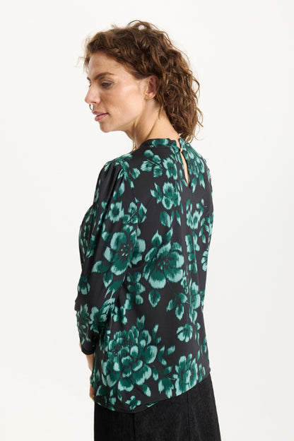 Grazia-paita iN FRONT – musta paita vedenvihreällä kukkakuosilla