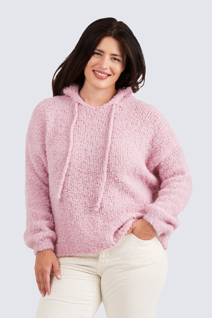 Manuela-neulehuppari Kotirouva – pörröinen buklee-neulehuppari hupulla, pehmeä ja lämmin yhden koon malli