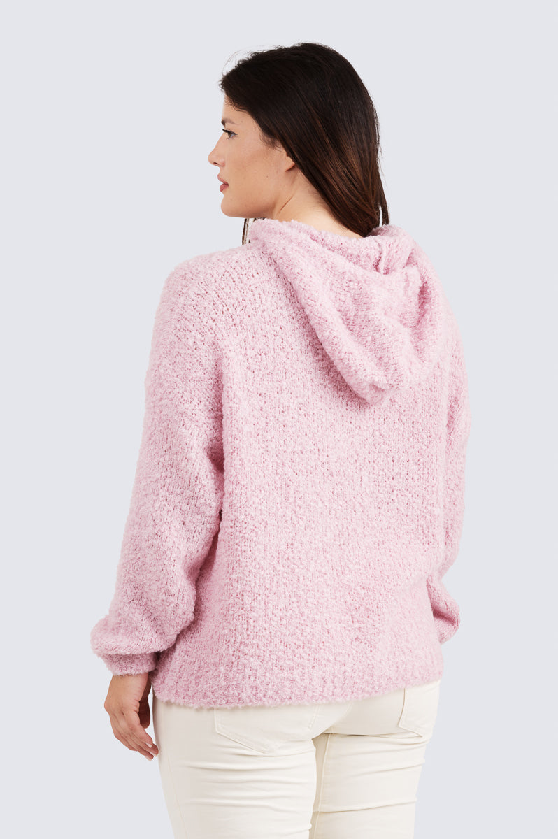 Manuela-neulehuppari Kotirouva – pörröinen buklee-neulehuppari hupulla, pehmeä ja lämmin yhden koon malli