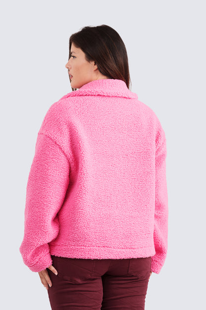 Elena-takki pinkki Kotirouva – pörröinen ja lämmin pinkki neuletakki napituksella ja taskuilla