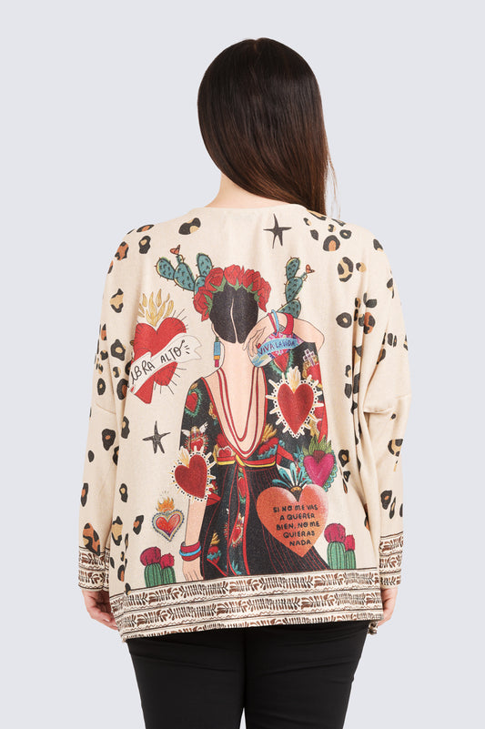 Värikäs Frida-neule, jossa sydänkuviointi, kultaiset tehosteet ja V-pääntie – mukava ja laskeutuva yhden koon neule.