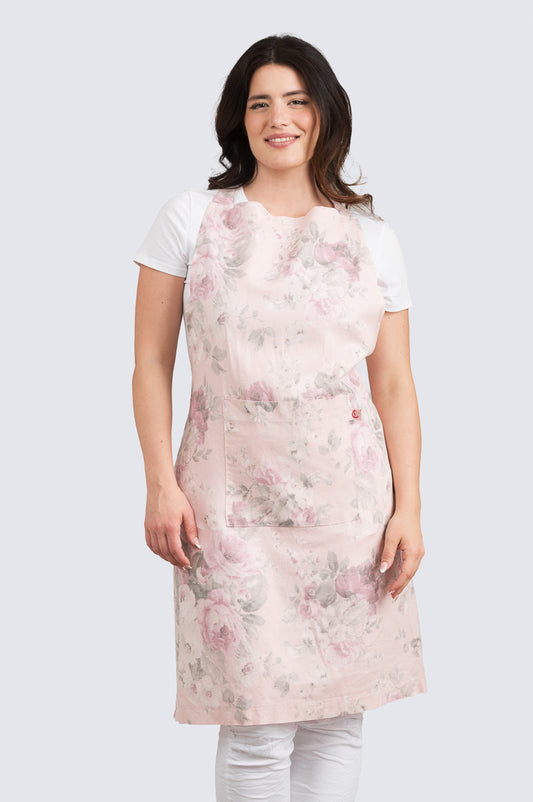 Essu Ruusu Kotirouva – pellavainen esiliina ruusukuosilla ja etutaskulla