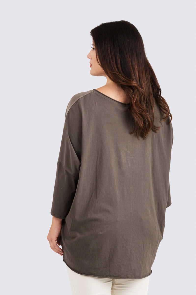 Perfectly Imperfect pitkähihainen pusero – pellava-viskoosi etuosa, puuvillatrikoo hihat ja kimaltava teksti