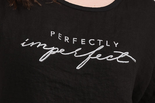 Perfectly Imperfect pitkähihainen pusero – pellava-viskoosi etuosa, puuvillatrikoo hihat ja kimaltava teksti