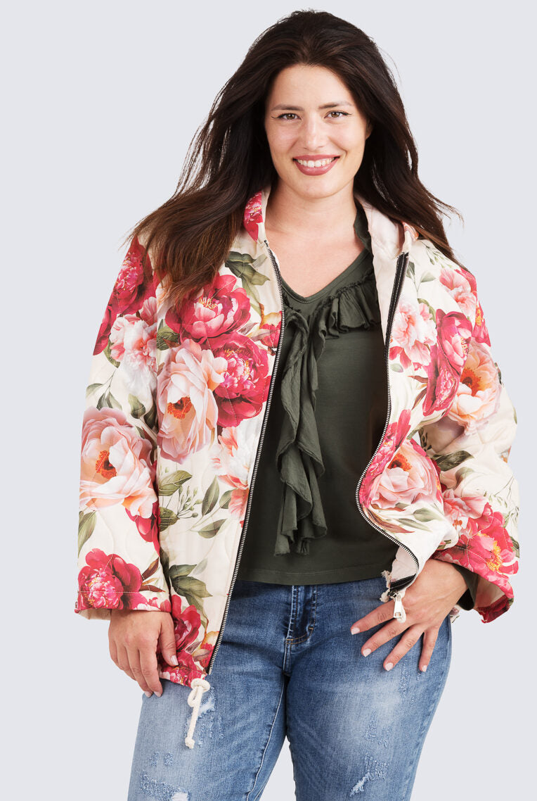 Salme-tikkitakki Ruusu Kotirouva – kevyt kukkakuosinen tikkitakki hupulla ja vetoketjulla