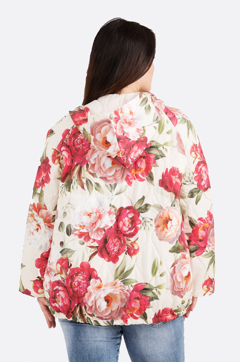 Salme-tikkitakki Ruusu Kotirouva – kevyt kukkakuosinen tikkitakki hupulla ja vetoketjulla