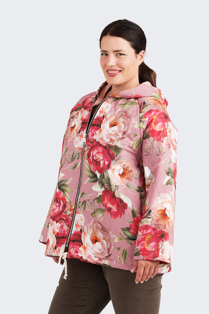 Salme-tikkitakki Ruusu Kotirouva – kevyt kukkakuosinen tikkitakki hupulla ja vetoketjulla