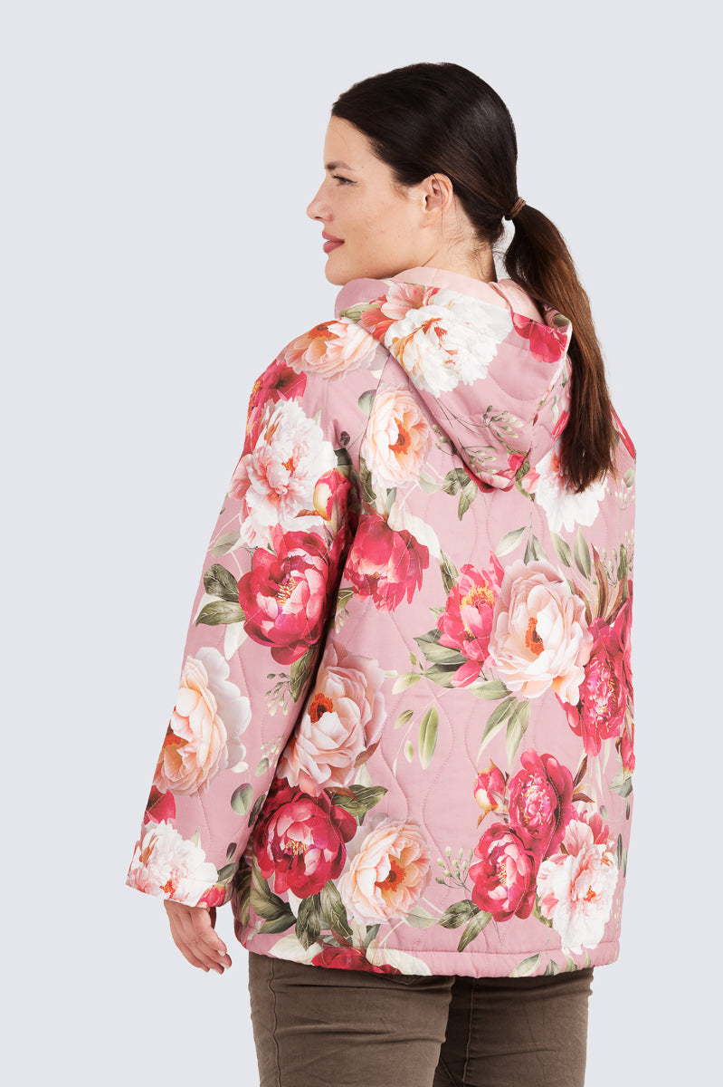 Salme-tikkitakki Ruusu Kotirouva – kevyt kukkakuosinen tikkitakki hupulla ja vetoketjulla