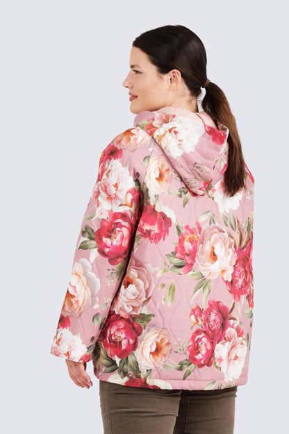 Salme-tikkitakki Ruusu Kotirouva – kevyt kukkakuosinen tikkitakki hupulla ja vetoketjulla