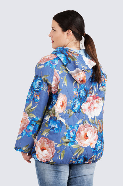 Salme-tikkitakki Ruusu Kotirouva – kevyt kukkakuosinen tikkitakki hupulla ja vetoketjulla