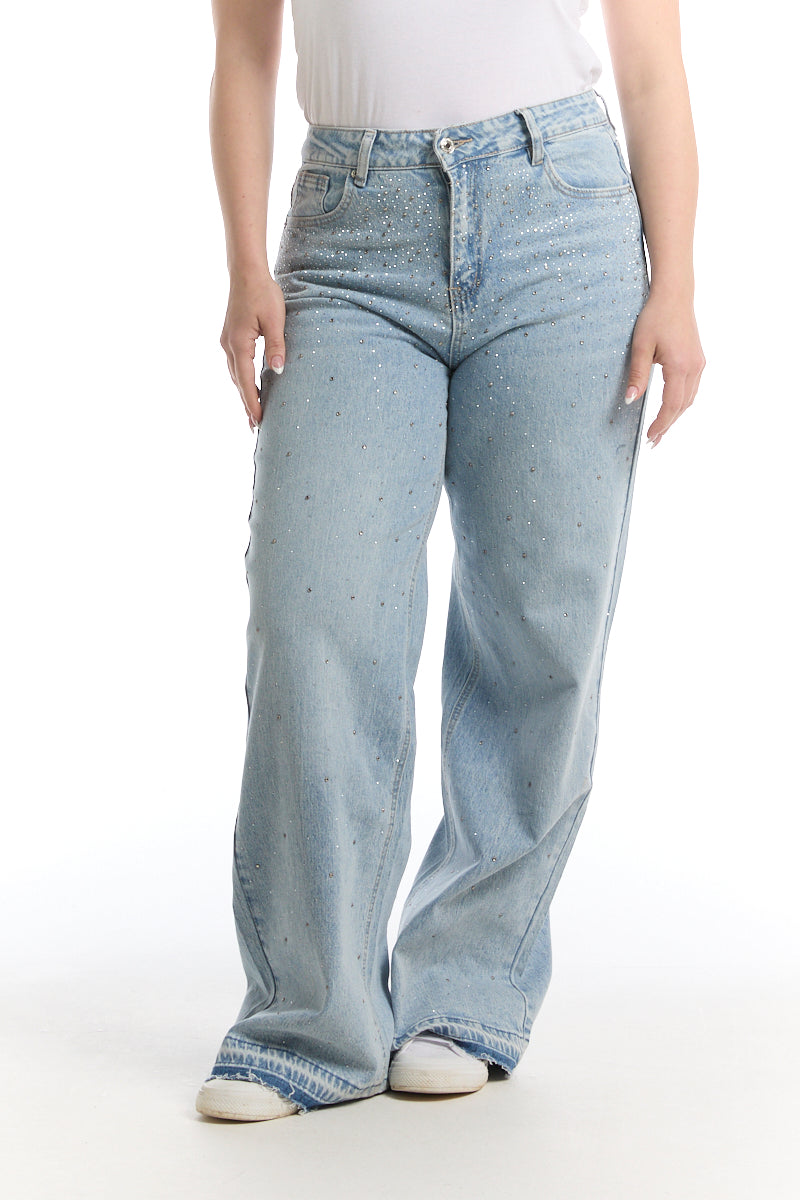 Naisten vaaleansiniset timanttifarkut, mom fit -malli, korkeavyötärö, suora leveä lahje ja hillityt strassiyksityiskohdat.