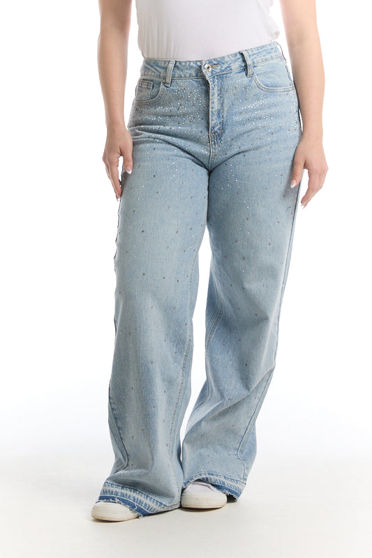 Naisten vaaleansiniset timanttifarkut, mom fit -malli, korkeavyötärö, suora leveä lahje ja hillityt strassiyksityiskohdat.